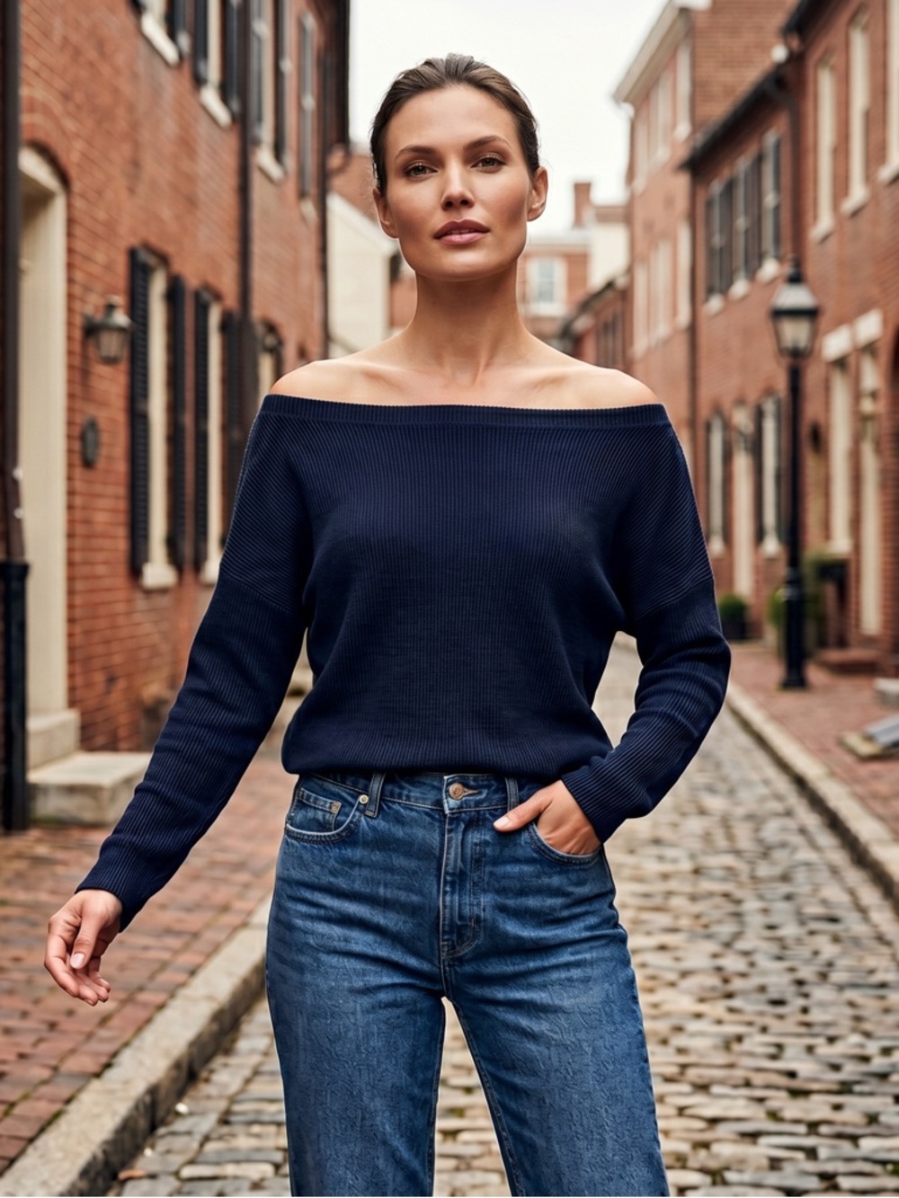Anthropologie Navy Blue Long Sleeve Off The Shoulder Top